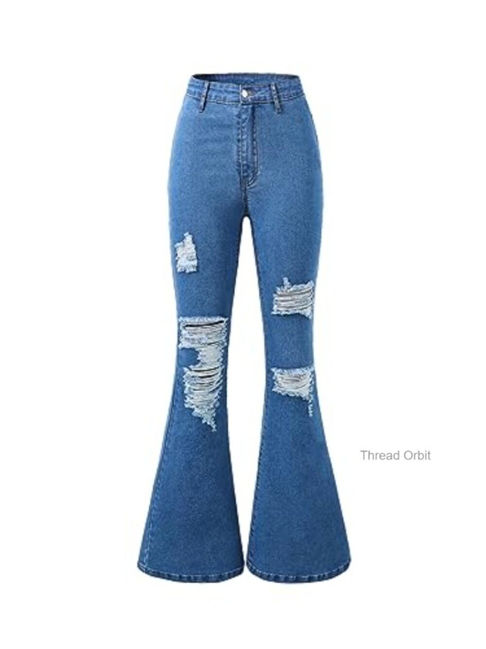 Ripped Bell Bottom Zipper Fly Flare Denim Jeans with Pockets